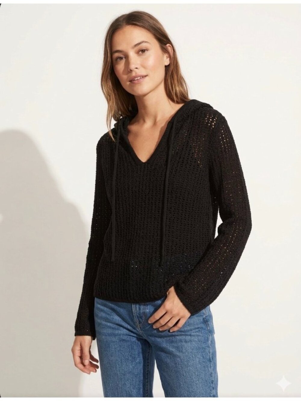 Theo & Spence black open-knit crochet hoodie with a V-neck tie drawstring Size L